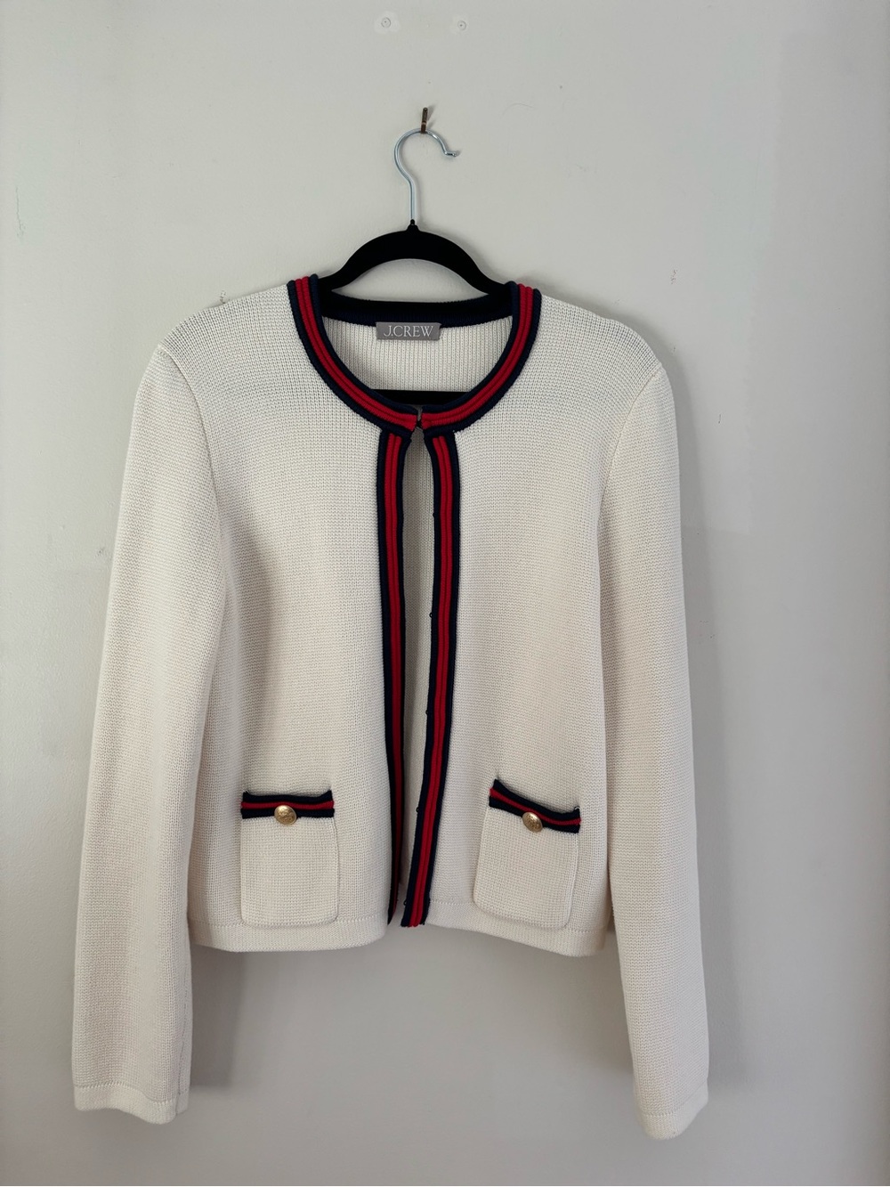 J. Crew Cream Cropped Knit Jacket with Navy & Red Trim